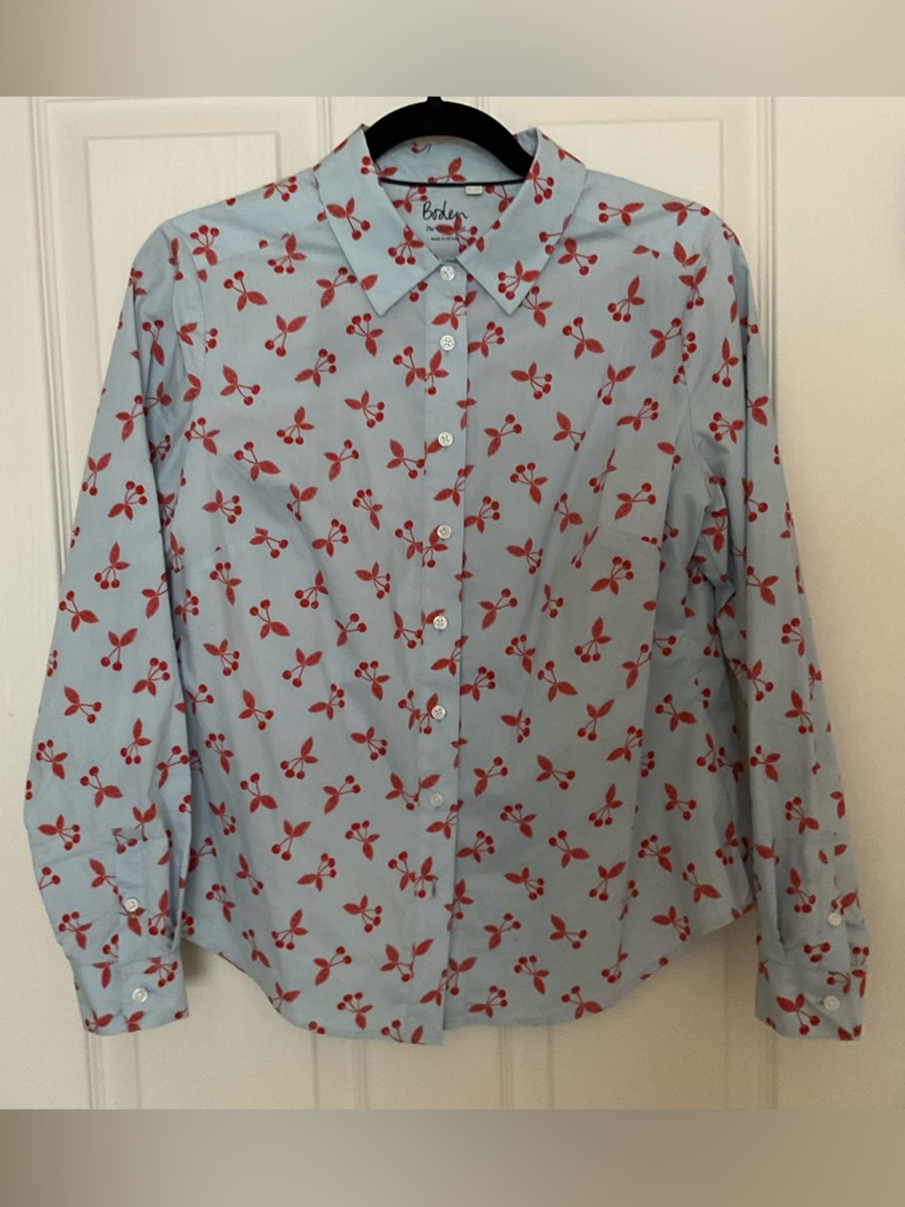 Boden Light Blue Shirt with Red Cherry Motif